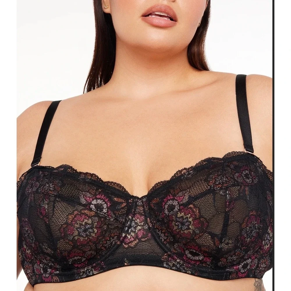 Savage X Fenty Nymph Nouveau Lace Bra Womens 38D Black Metallic Floral‎ Lace
